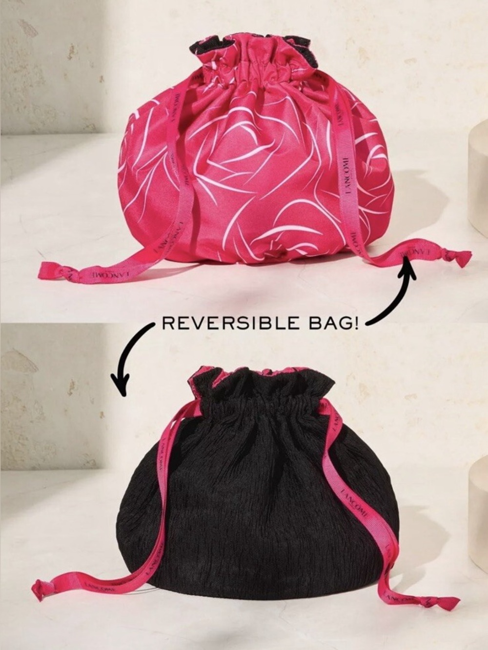 Lancome Reversible Pink and Black Drawstring Cosmetic Bag